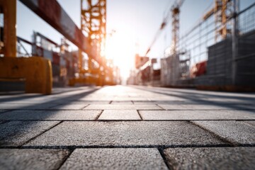 Construction site at sunset.  Grey pavement leads to towering cranes.