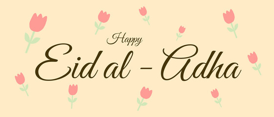 Happy Eid al-Adha greeting card featuring elegant calligraphy and pink tulips on a beige background