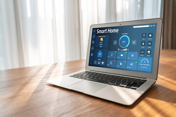 Fototapeta premium Smart home technology, centric remote control system with digital dashboard for air conditioning, safety security network or house automation. App software, ui panel programming IOT monitor snugly