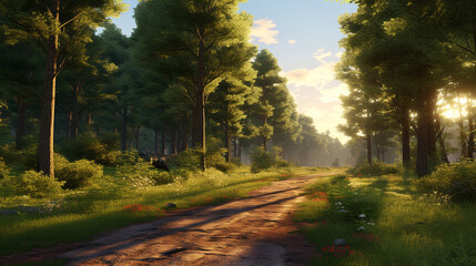 Dirt path winding through a lush green forest with sunlight streaming through the trees in the distance