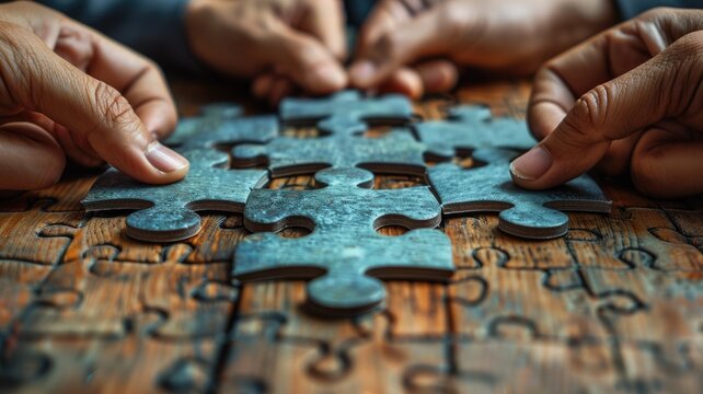 The picture of people together solving problem supporting team with fresh idea. Complex puzzle hard to be solved by human. Group of person find solution and strategy for mysterious jigsaw game. AIG53.