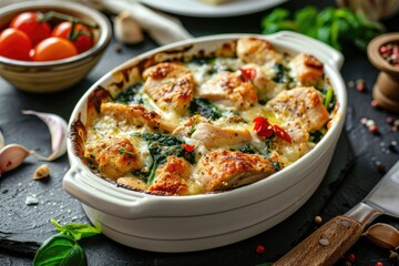baked chicken spinach au gratin with cream sauce and melted cheese, golden and savory comfort food