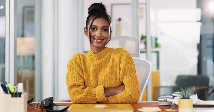Office, businesswoman and face with smile for arms crossed, ambition and about us in creative agency. Career, female person and designer in portrait for happiness, confidence and professional worker