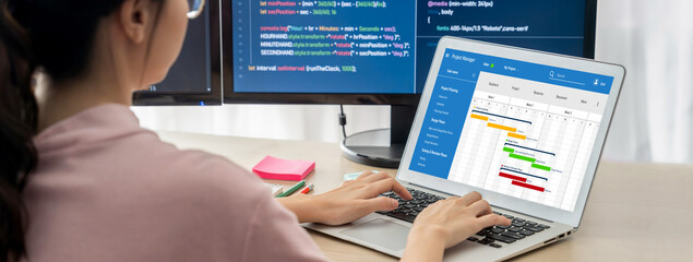 Project planning software for brisk business project management on the computer screen showing...