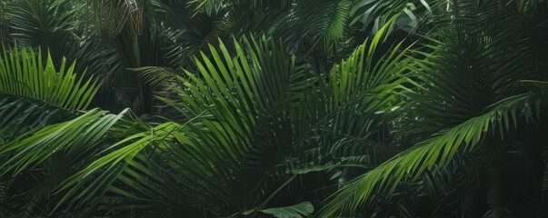 Bright green palm frond, dark tropical forest backdrop, stock photo, environment, nature