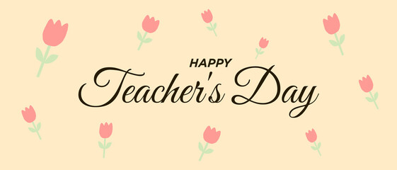 Happy Teacher's Day greeting card featuring elegant script lettering and delicate pink tulips on a pale yellow background.