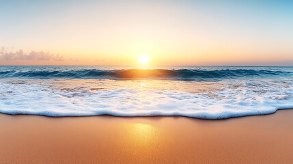 Obraz premium Golden Hour Beach Paradise: Serene Ocean Wave Meets Sandy Shore Under a Peaceful, Warm Sunrise.
