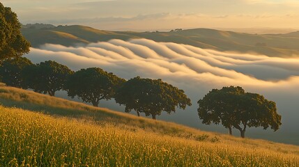 Fototapeta premium Scenic Valley Vista with Rolling Fog Golden Sunlight and Lush Greenery featuring Distant Hills and a Row of Trees Silhouetted Against the Misty Landscape Early Morning Calmness Serenity Nature