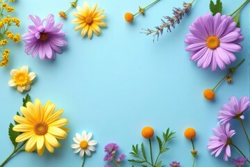 Fototapeta premium Vibrant Spring Flowers Frame on Pastel Blue Background