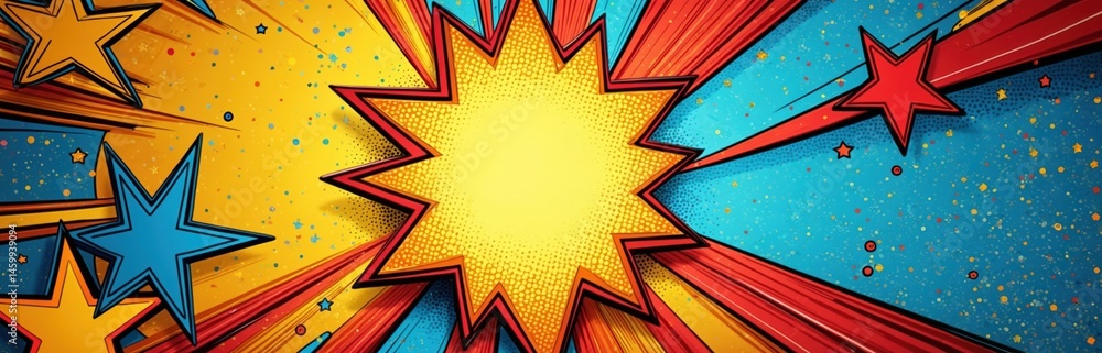 Aufkleber dynamic comic style background with star shapes and halftone dots. bright, colourful illustration wi