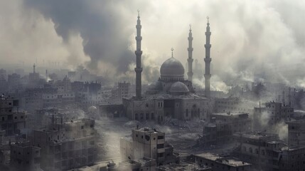 War-torn city with mosque amidst destruction