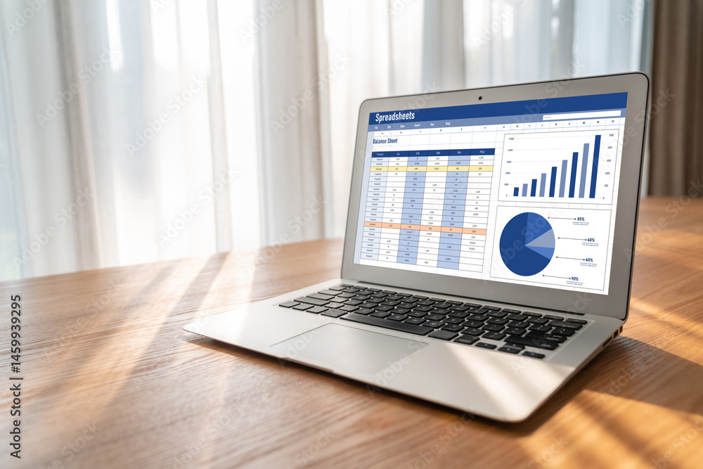 Poster spreadsheet document information financial startup concept. data and graphs in spreadsheet documents