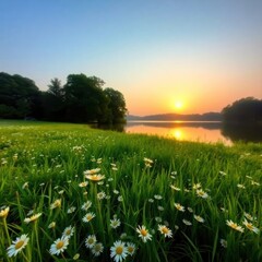 Serene sunrise over a lake with wildflowers.