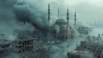 War-torn city with mosque