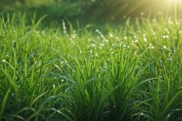 Fototapeta premium Lush green grass blades glistening with dewdrops, sunlit morning freshness, green, lawn, droplets
