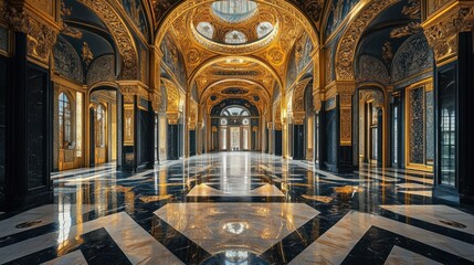 Obraz premium Opulent palace hallway golden interior architecture