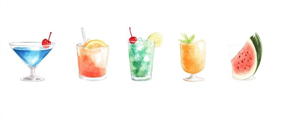 Watercolor Illustration of Summer Cocktails and Watermelon