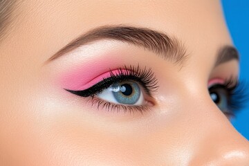 Fototapeta premium Close Up of Woman's Eye with Pink Glitter Eyeshadow and Winged Eyeliner