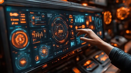 Futuristic computer interface being manipulated by a persons hand