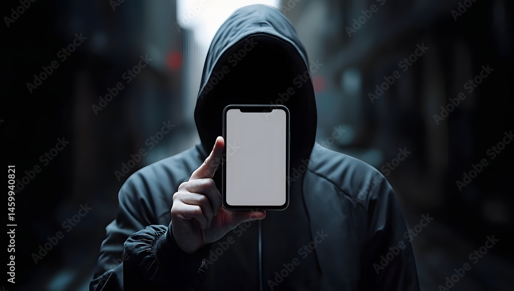Poster anonymous hacker holding smartphone with blank screen