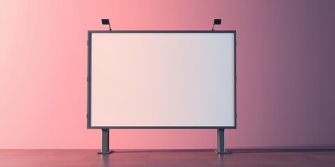 Obraz premium A blank billboard with lights on top against a pink and purple gradient background wall