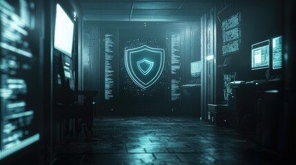Dark, futuristic server room with security shield