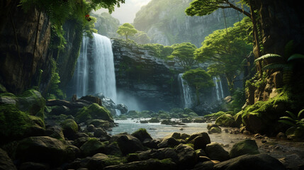 Lush waterfall cascading into a rocky riverbed surrounded by vibrant green foliage and treescape view
