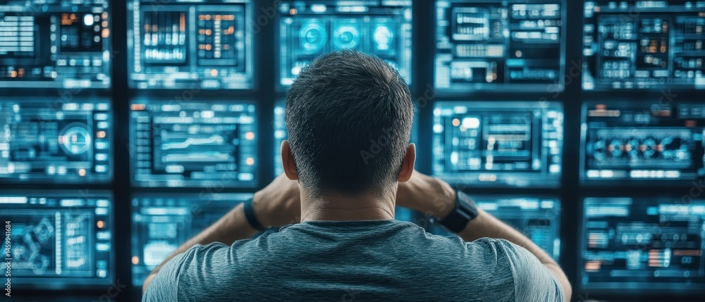 Poster person analyzing data on multiple screens technology and data analysis