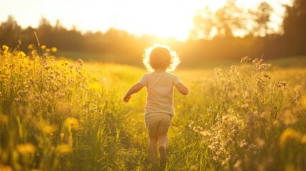Fototapeta premium A child running through a field of wildflowers at sunset.