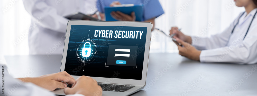 Poster cyber security system on computer screen protect private information brisk from hacker and cyber att