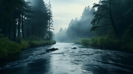 River flowing through a dense forest with fog and trees in a natural outdoor environment scene view