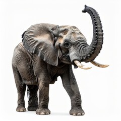 Obraz premium Majestic Elephant Raising Its Trunk Against a White Background