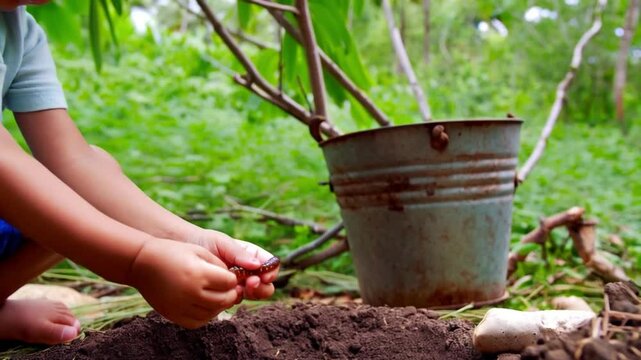Close-up of child’s hands placing small stem into rusty metal pot among greenery. Concept of hands-on nature education and sustainability
