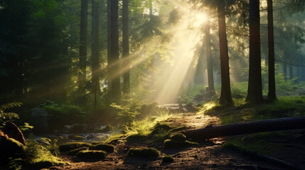 Sunlight streaming through trees in a dense forest illuminating a path and moss covered ground below