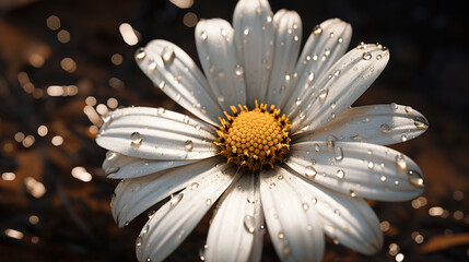 Close up of a white daisy with water droplets on the petals and a yellow center in soft lighting