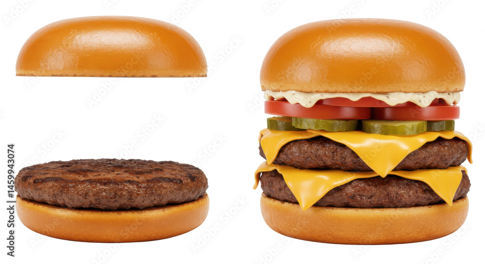 Aufkleber a double cheeseburger with visible layers of cheese meat pickles and bun components isolated on whit