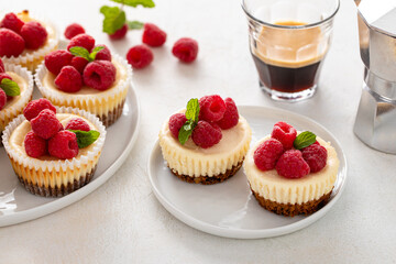 Classic New York cheesecakes in individual cups topped with fresh raspberry