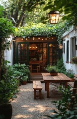 Cozy courtyard patio dining, lush greenery, outdoor lighting
