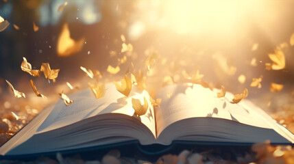 Open book with golden leaves floating against a bright light creating a magical atmosphere
