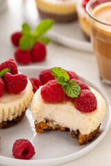 Classic New York cheesecakes in individual cups topped with fresh raspberry with a bite taken