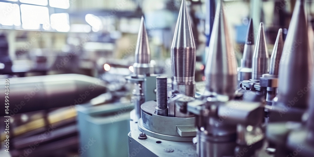Poster missile manufacturing process at a modern weapons factory generative ai