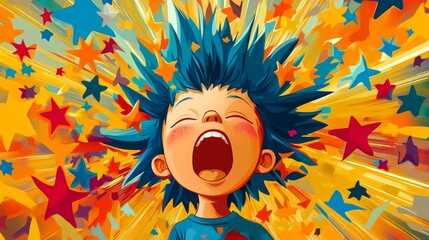 A young individual is beset by an intense sensory experience filled with bright hues and celestial bodies