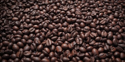 Obraz premium Dense, deep pile of dark coffee beans, contrasting highlights, inviting, dark, surface, pile