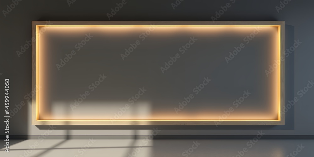 Poster illuminated rectangular frame on a gray wall with shadows on the floor in a minimalist style
