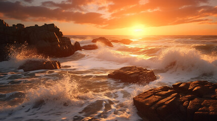 Ocean waves crashing against rocks at sunset creating a dramatic and scenic seascape view scene