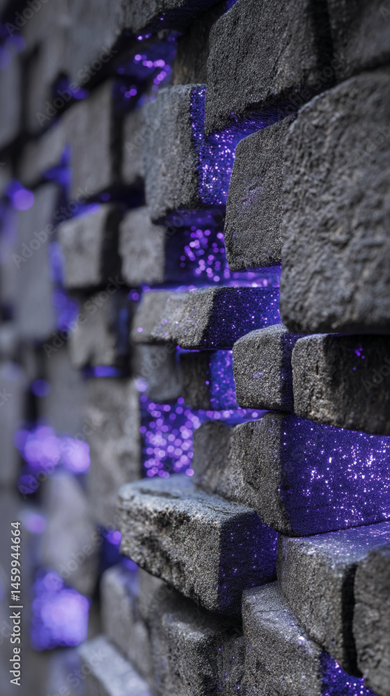 Poster close-up of gray stone wall texture with purple glitter accents, creating a mystical and textured ap