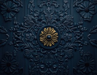 Intricate dark blue relief design with golden center.  Detailed floral and ornate patterns