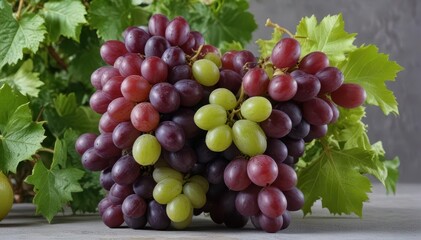 Fototapeta premium Lush grape cluster, verdant foliage, clean background Still life imagery Close up of fruit for print media , food photography, produce, cluster