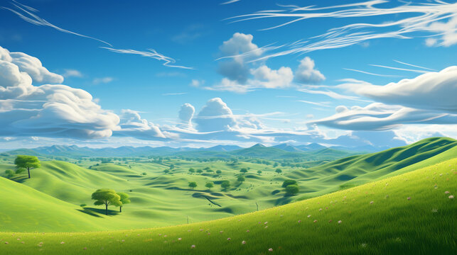 A scenic view of rolling green hills under a blue sky with scattered clouds and distant mountains
