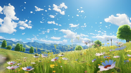 A vibrant meadow filled with wildflowers under a bright blue sky with fluffy white clouds view of distant hills